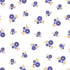 Seamless pattern with autumn small abstract bouquets of blue flowers in warm colors isolated on white background in flat cartoon style