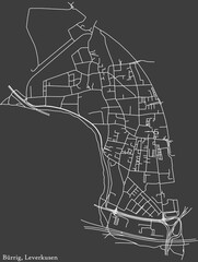 Detailed negative navigation white lines urban street roads map of the BÜRRIG DISTRICT of the German regional capital city of Leverkusen, Germany on dark gray background