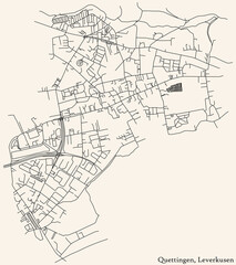 Detailed navigation black lines urban street roads map of the QUETTINGEN DISTRICT of the German regional capital city of Leverkusen, Germany on vintage beige background