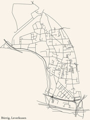 Detailed navigation black lines urban street roads map of the BÜRRIG DISTRICT of the German regional capital city of Leverkusen, Germany on vintage beige background
