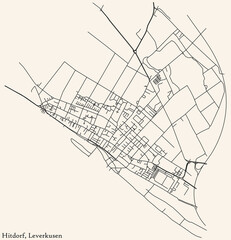 Detailed navigation black lines urban street roads map of the HITDORF DISTRICT of the German regional capital city of Leverkusen, Germany on vintage beige background