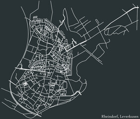Detailed negative navigation white lines urban street roads map of the RHEINDORF DISTRICT of the German regional capital city of Leverkusen, Germany on dark gray background