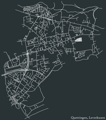 Detailed negative navigation white lines urban street roads map of the QUETTINGEN DISTRICT of the German regional capital city of Leverkusen, Germany on dark gray background