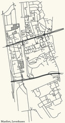 Detailed navigation black lines urban street roads map of the MANFORT DISTRICT of the German regional capital city of Leverkusen, Germany on vintage beige background