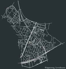 Detailed negative navigation white lines urban street roads map of the KÜPPERSTEG DISTRICT of the German regional capital city of Leverkusen, Germany on dark gray background
