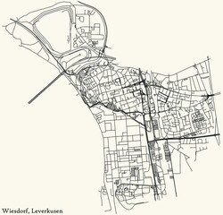Detailed navigation black lines urban street roads map of the WIESDORF DISTRICT of the German regional capital city of Leverkusen, Germany on vintage beige background
