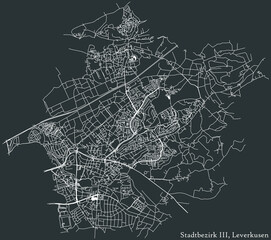 Detailed negative navigation white lines urban street roads map of the STADTBEZIRK III BOROUGH of the German regional capital city of Leverkusen, Germany on dark gray background