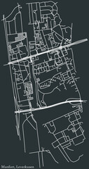 Detailed negative navigation white lines urban street roads map of the MANFORT DISTRICT of the German regional capital city of Leverkusen, Germany on dark gray background