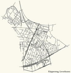 Detailed navigation black lines urban street roads map of the KÜPPERSTEG DISTRICT of the German regional capital city of Leverkusen, Germany on vintage beige background