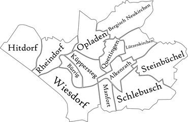 White flat vector administrative map of LEVERKUSEN, GERMANY with name tags and black border lines of its districts