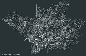 Detailed negative navigation white lines urban street roads map of the German regional capital city of LEVERKUSEN, GERMANY on dark gray background