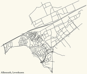Detailed navigation black lines urban street roads map of the ALKENRATH DISTRICT of the German regional capital city of Leverkusen, Germany on vintage beige background