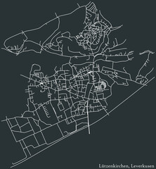 Detailed negative navigation white lines urban street roads map of the LUETZENKIRCHEN DISTRICT of the German regional capital city of Leverkusen, Germany on dark gray background
