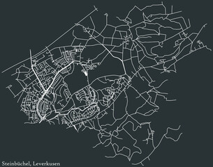 Detailed negative navigation white lines urban street roads map of the STEINBÜCHEL DISTRICT of the German regional capital city of Leverkusen, Germany on dark gray background