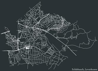 Detailed negative navigation white lines urban street roads map of the SCHLEBUSCH DISTRICT of the German regional capital city of Leverkusen, Germany on dark gray background
