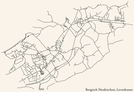 Detailed navigation black lines urban street roads map of the BERGISCH NEUKIRCHEN DISTRICT of the German regional capital city of Leverkusen, Germany on vintage beige background