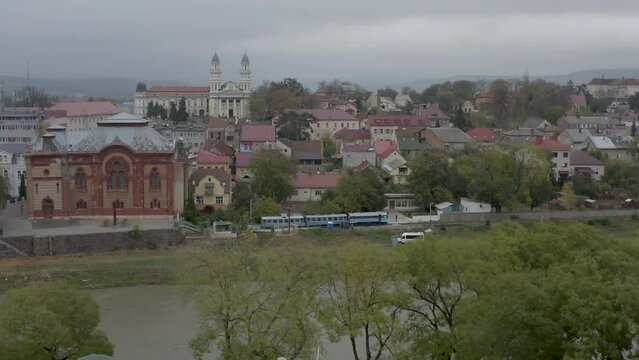 Aerial view of city Uzhhorod in autumn