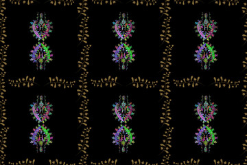 Seamless pattern with interesting doodles on colorfil background. Pano. Raster illustration.