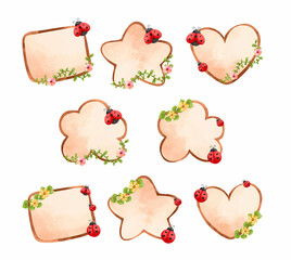 Watercolor illustration set of wooden board with lady bug and flowers © Stella