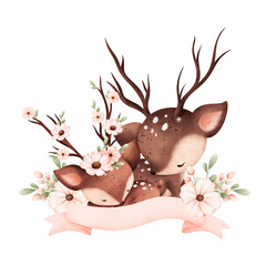 Watercolor illustration cute couple deers and flowers