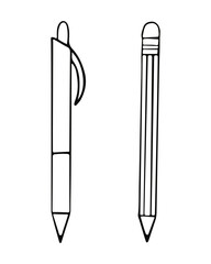 Set of stationery in hand drawn doodle style. Writing pen and pencil. Vector