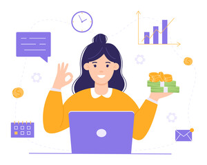 Financial expert. Smiling woman with laptop holding money in hand, business icons on background. Successful financial consultant and businessman. Concept of business and finance. Vector