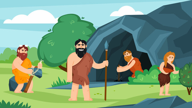 cave people background. prehistoric wild family living walking hunting. Vector male and female primitive persons