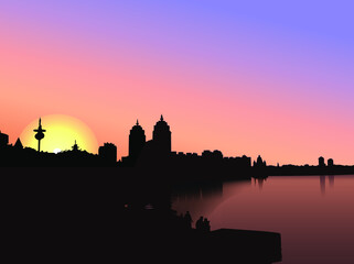 Fototapeta na wymiar Vector city embankment at sunset. City silhouette, cityscape.