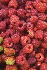 Full frame ripe red raspberries and strawberries.