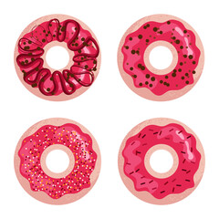 Donuts set with caramel and sprinkles. Top view vector illustration
