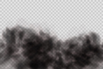 Dust black cloud with particles with dirt,cigarette smoke, smog, soil and sand particles. Realistic vector isolated on transparent background. Concept house cleaning, air pollution,big explosion.
