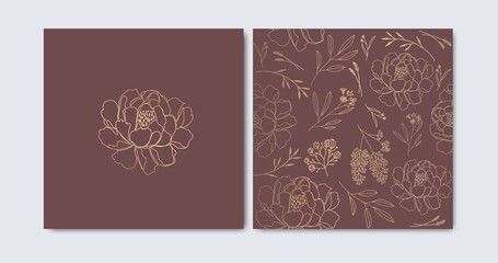  Collection card. Flowers illustration. Seamless pattern, minimal line art style Vector
