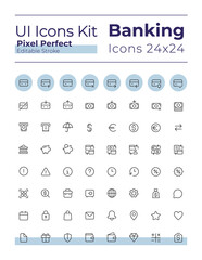 Fototapeta na wymiar Banking and finance pixel perfect linear ui icons set. Credit card operations. Money and currency. Outline isolated user interface elements. Editable stroke. Montserrat Bold, Light fonts used