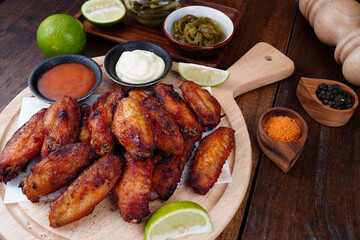 Grilled chicken wings on a wooden cutting board