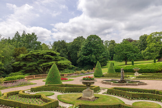 Park and parterre garden at historic Tatton Park, English Stately Home in Cheshire, UK.