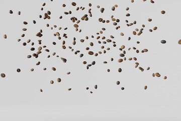 Falling coffee beans on white background isolated with shadows 3D rendering. Flying floating arabica grains espresso latte cappuccino hot drinks sale. Coffee shop product delivery advertising promo.