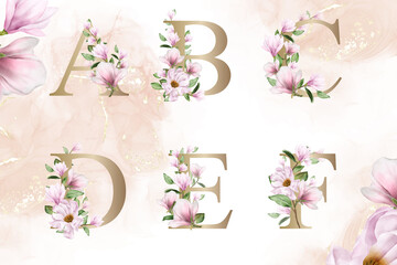 Watercolor floral alphabet set of a, b, c, d, e, f with hand drawn Flower and Leaves