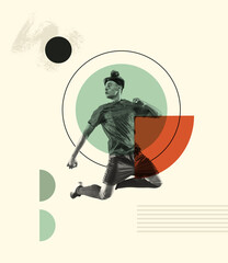 Contemporary art collage. Creative design with young man, football player in motion, training, kicking ball with head
