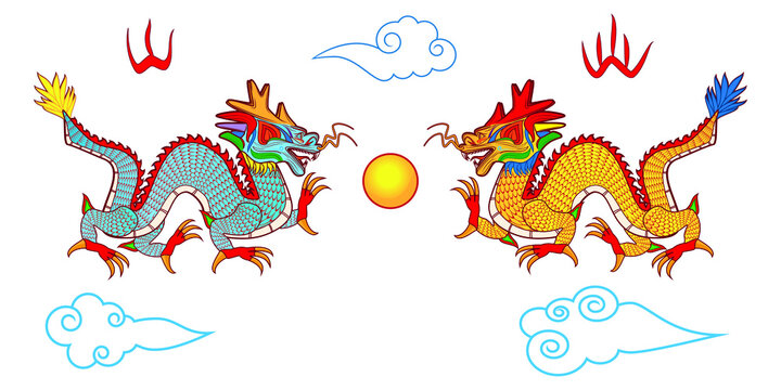 Two colourful Chinese dragon or loong long or lung with golden pearl or ball and Chinese clouds drawing in vector