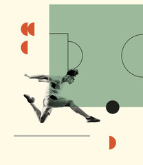 Contemporary art collage. Creative design with young man, football player in motion, training. Ball...