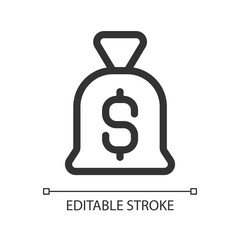 Bag of money pixel perfect linear ui icon. Personal savings. Business investment. GUI, UX design. Outline isolated user interface element for app and web. Editable stroke. Arial font used