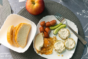 Breakfast of eggs and sausages with bread