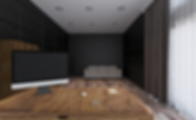 Front view of an office interior with a row of dark wood tables.. Abstract blur phototography.
