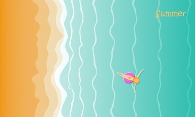 The girl is resting on an inflatable ring in the open sea. Ocean coast, vector graphics