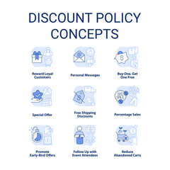 Discount policy light blue concept icons set. Customer benefits. Marketing strategy idea thin line color illustrations. Isolated symbols. Editable stroke. Roboto-Medium, Myriad Pro-Bold fonts used