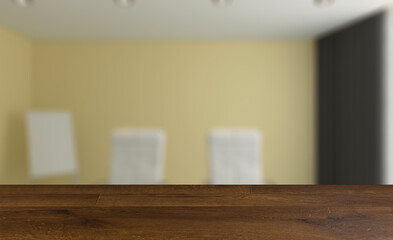 Fototapeta na wymiar Office interior design in whire color. 3D rendering.. Background with empty wooden table. Flooring.