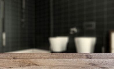 Bathroom interior bathtub. 3D rendering.. Background with empty wooden table. Flooring.