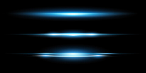 Blue horizontal lens flares pack. Laser beams, horizontal light rays.Beautiful light flares. Glowing streaks on dark background. Luminous abstract sparkling lined background.