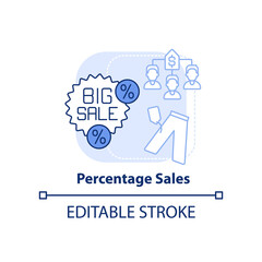 Percentage sales light blue concept icon. Product price reduction. Type of discounts abstract idea thin line illustration. Isolated outline drawing. Editable stroke. Arial, Myriad Pro-Bold fonts used