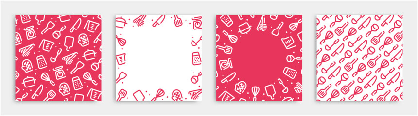 Kitchen tool icon pattern background for graphic design.Square vector template set.